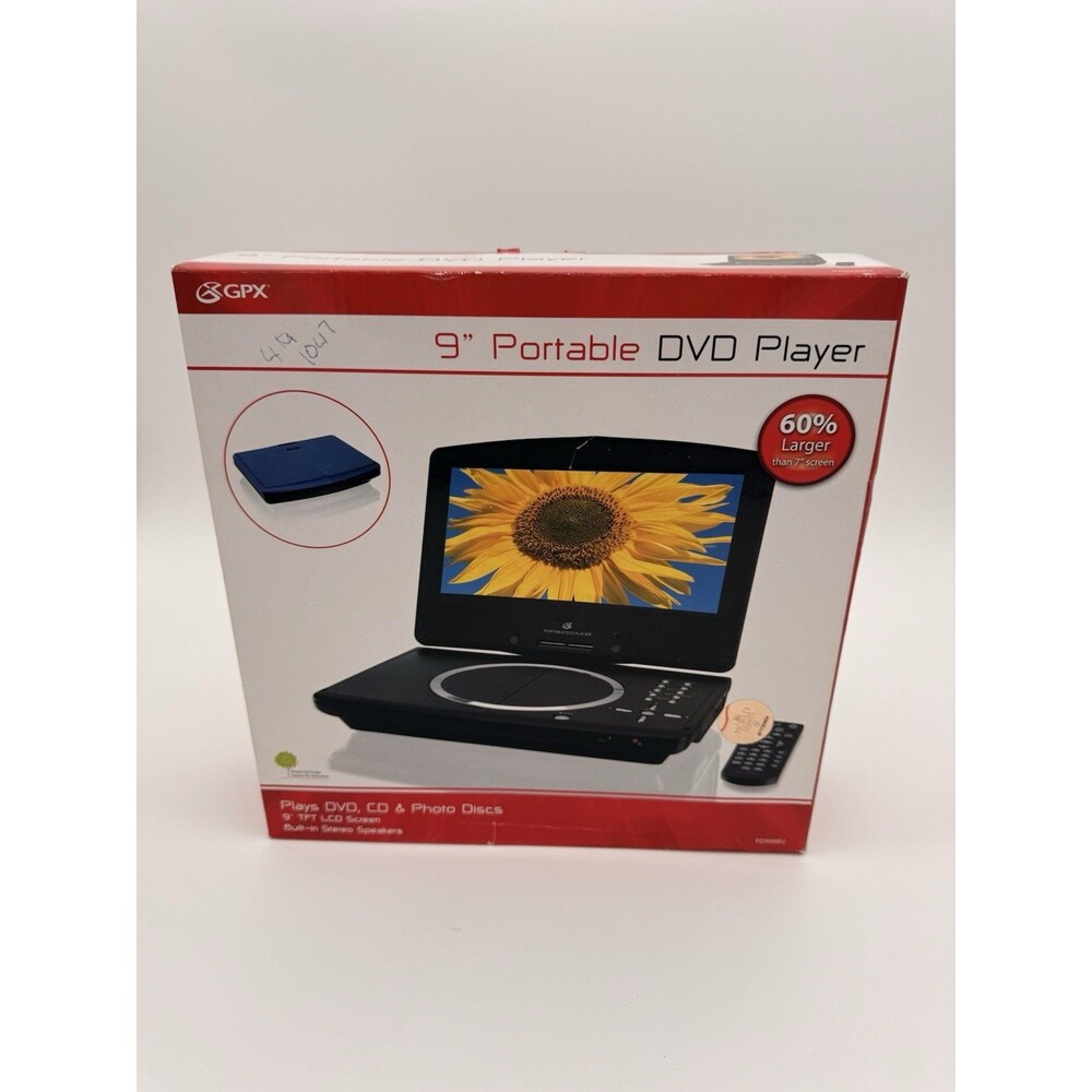 GPX Portable DVD Player PD908BU - 9" LCD Swivel Screen w Charging Adapter